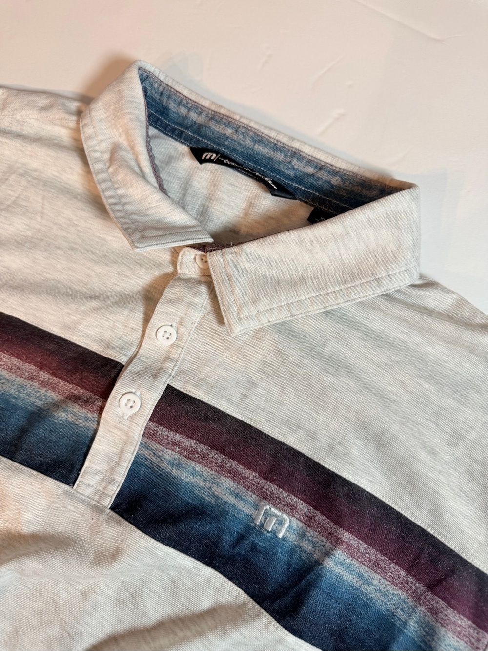 Travis Mathew Mens Striped Polo Shirt XL Gray Blue Burgundy Embroidery